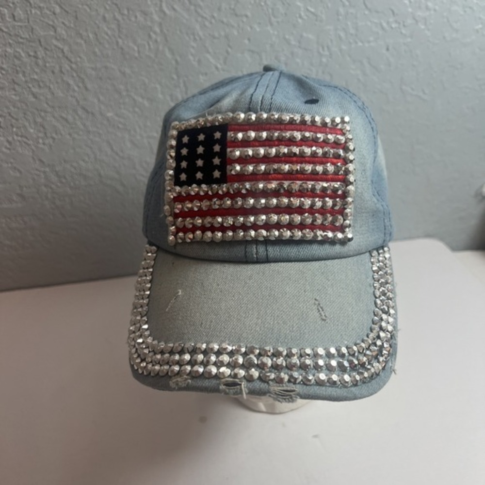 Jeans Blue Baseball Cap USA Flag Patriot Rhinestones Strapback Travel Hat